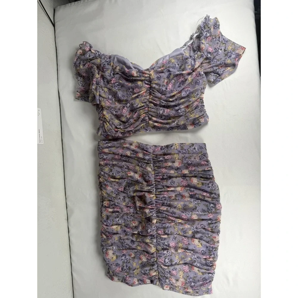 Haute Monde Two Piece Skirt Set Womens M Purple Excellent Floral Ruched Mesh Y2K